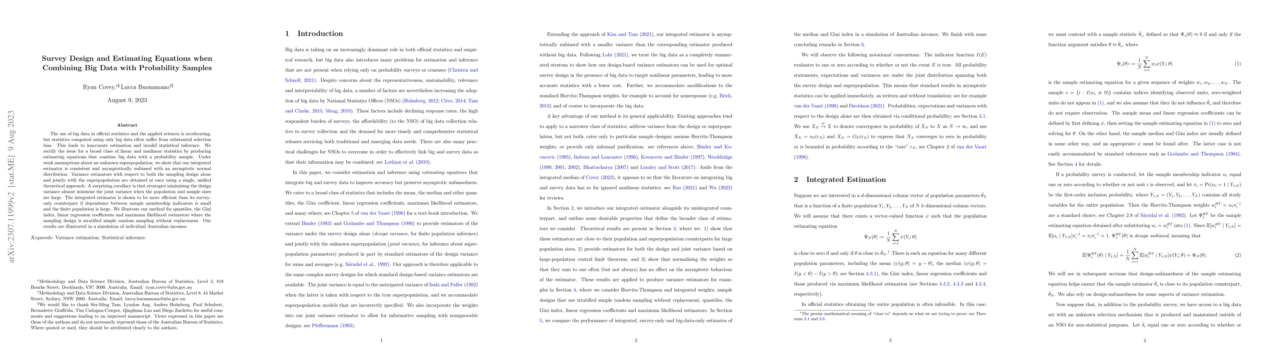 Thumbnail for Survey Design and Estimating Equations when Combining Big Data with
  Probability Samples