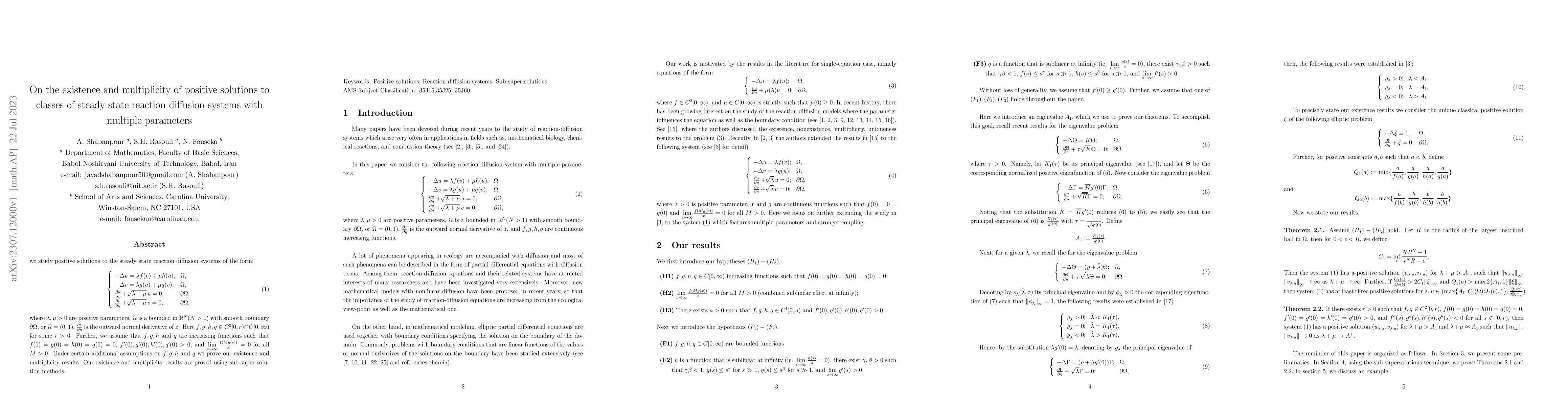 Thumbnail for On the existence and multiplicity of positive solutions to classes of
  steady state reaction diffusion systems with multiple parameters