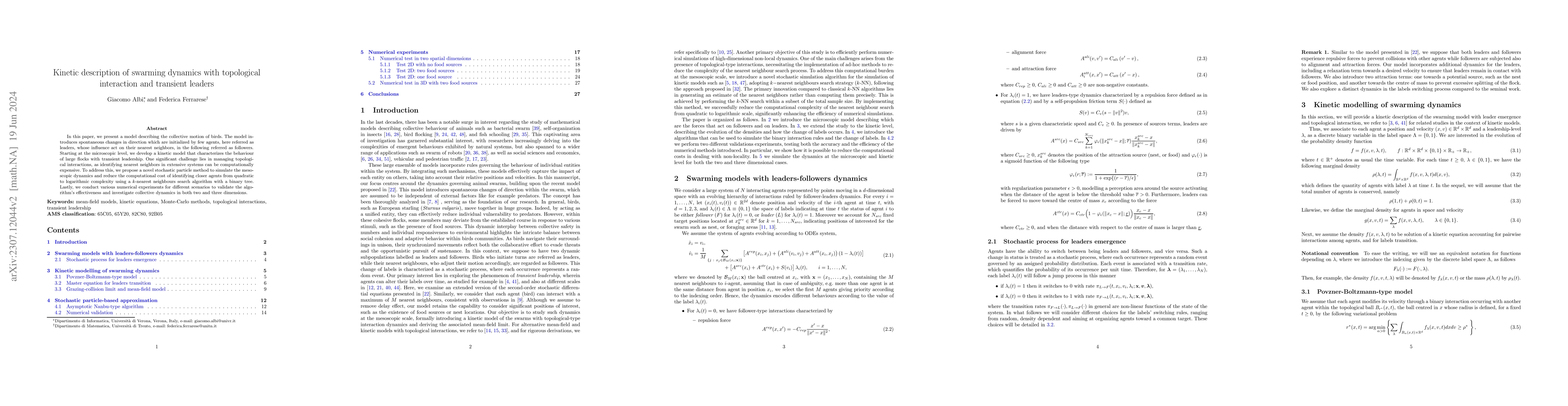 Thumbnail for Kinetic description of swarming dynamics with topological interaction
  and transient leaders