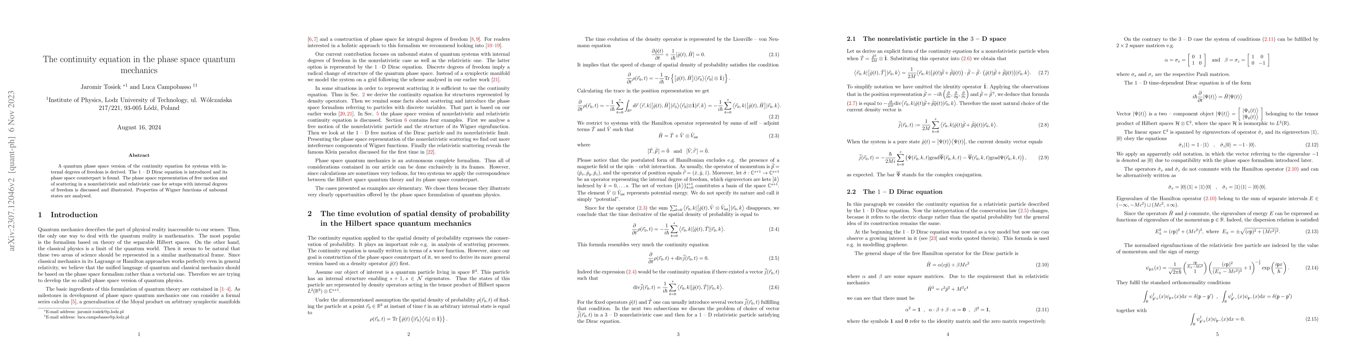 Thumbnail for The continuity equation and its applications in phase space quantum
  mechanics