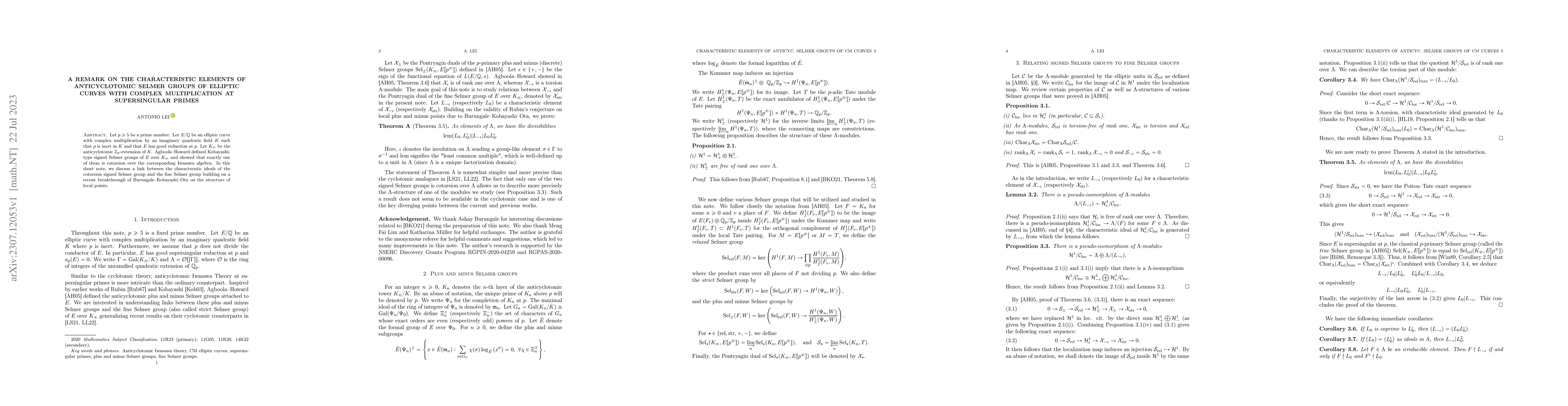 Thumbnail for A remark on the characteristic elements of anticyclotomic Selmer groups
  of elliptic curves with complex multiplication at supersingular primes
