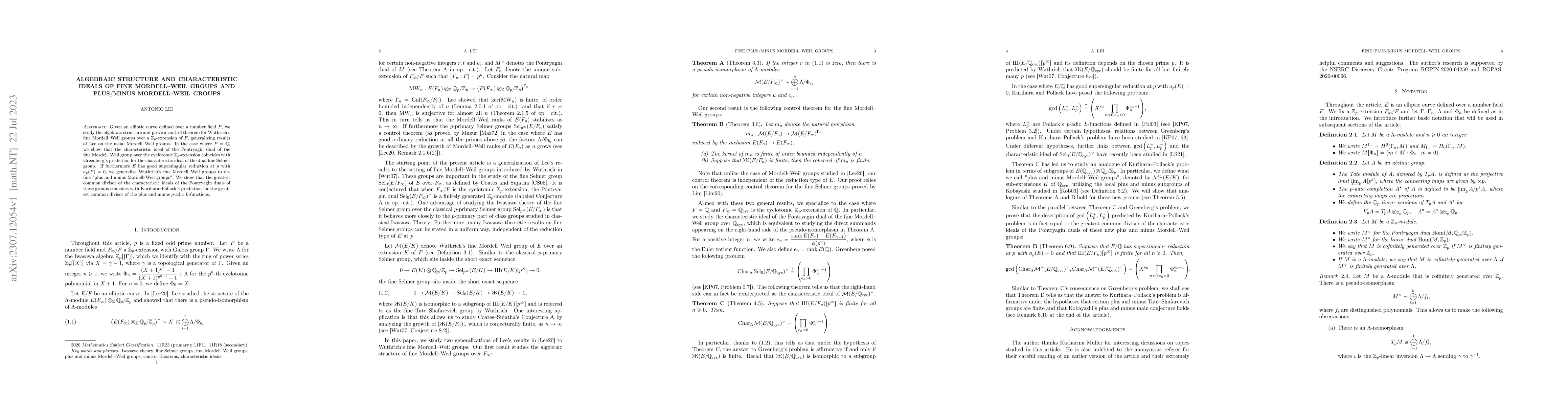 Thumbnail for Algebraic structure and characteristic ideals of fine Mordell--Weil
  groups and plus/minus Mordell--Weil groups