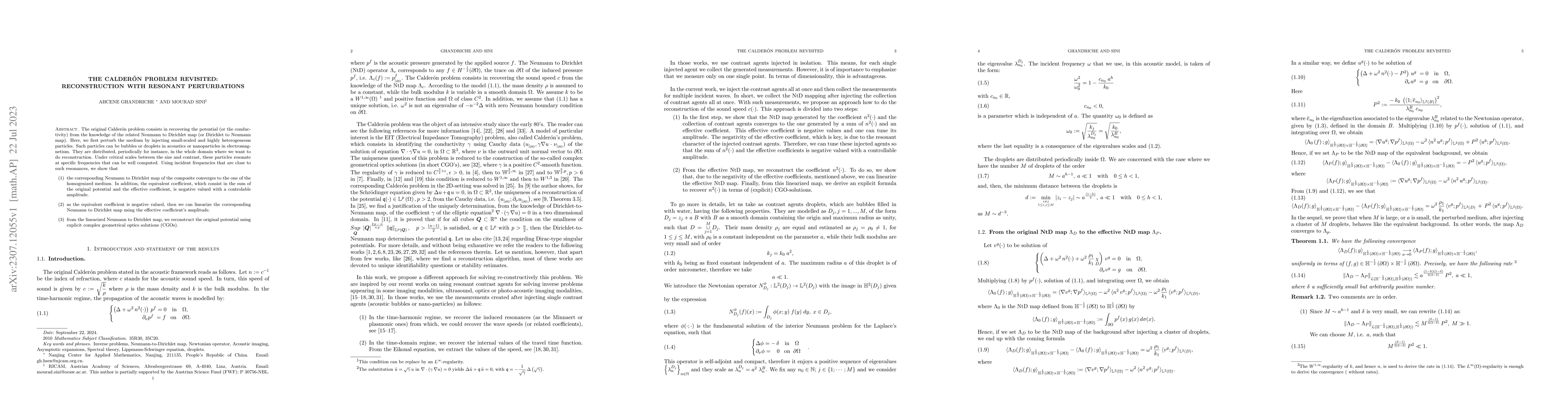Thumbnail for The Calderon Problem Revisited: Reconstruction With Resonant
  Perturbations