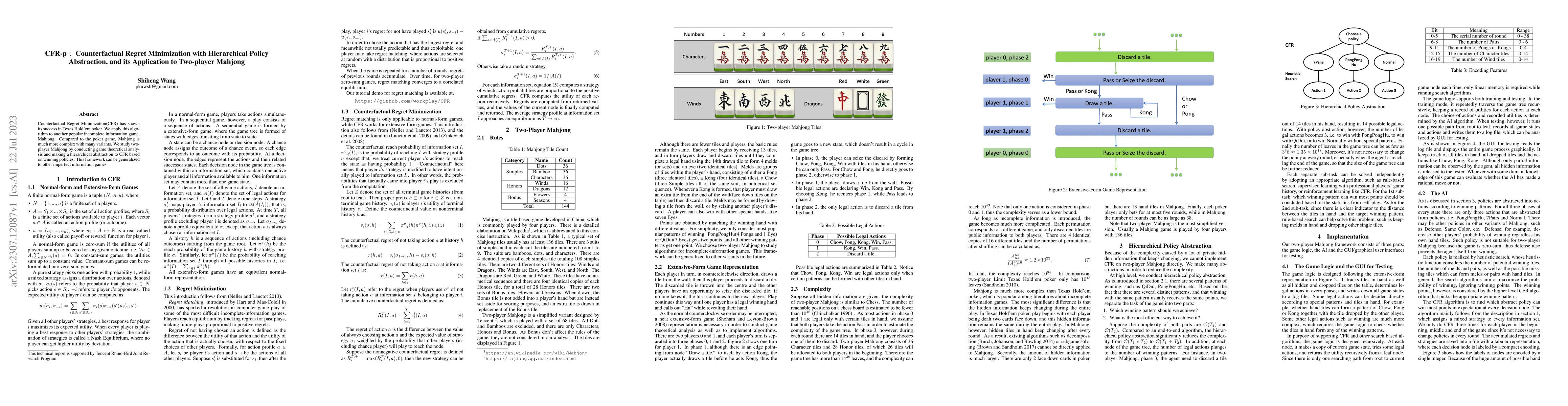 Thumbnail for CFR-p: Counterfactual Regret Minimization with Hierarchical Policy
  Abstraction, and its Application to Two-player Mahjong