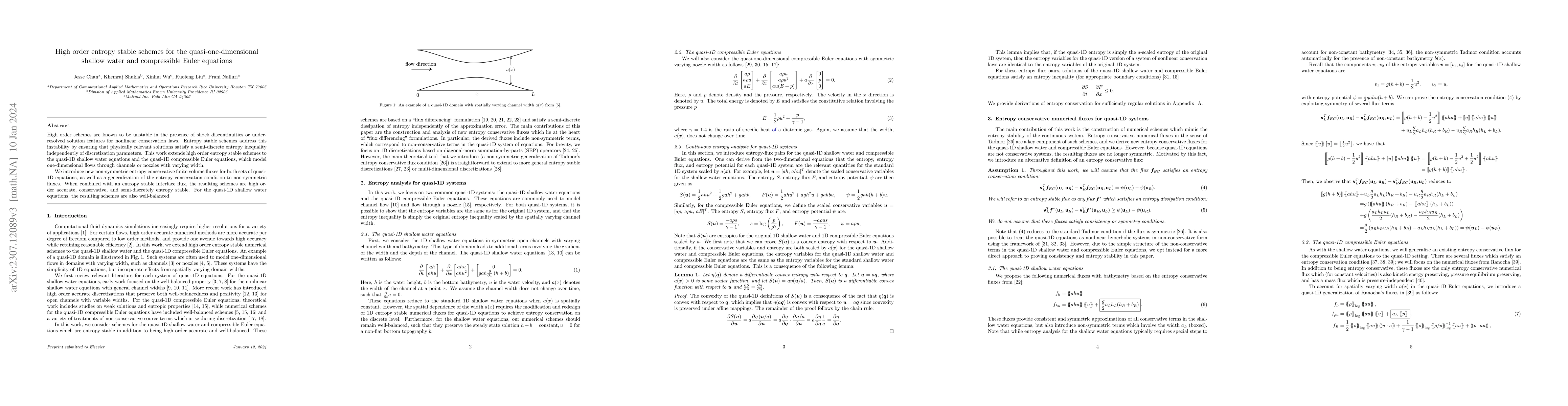 Thumbnail for High order entropy stable schemes for the quasi-one-dimensional shallow
  water and compressible Euler equations