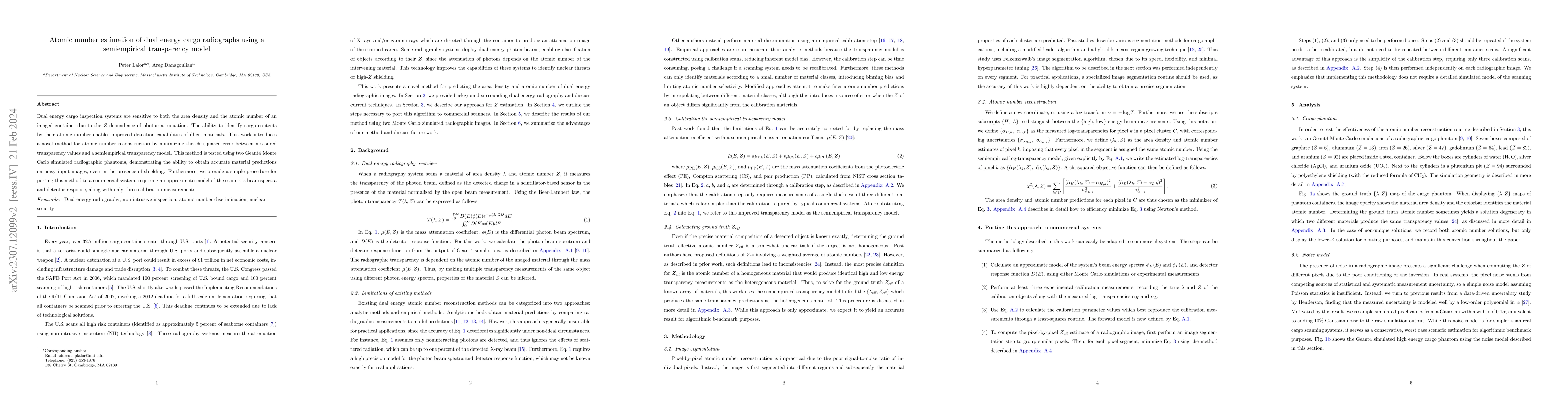 Thumbnail for Atomic number estimation of dual energy cargo radiographs using a
  semiempirical transparency model