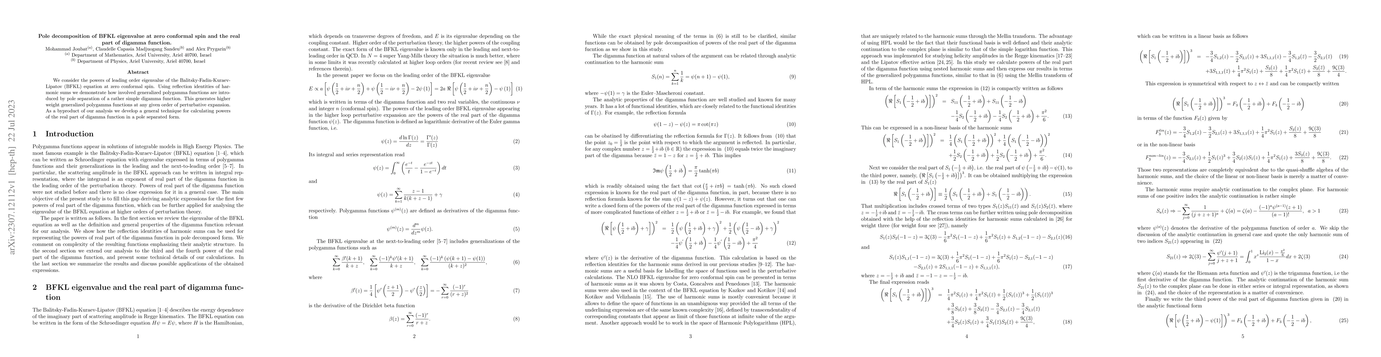 Thumbnail for Pole decomposition of BFKL eigenvalue at zero conformal spin and the
  real part of digamma function