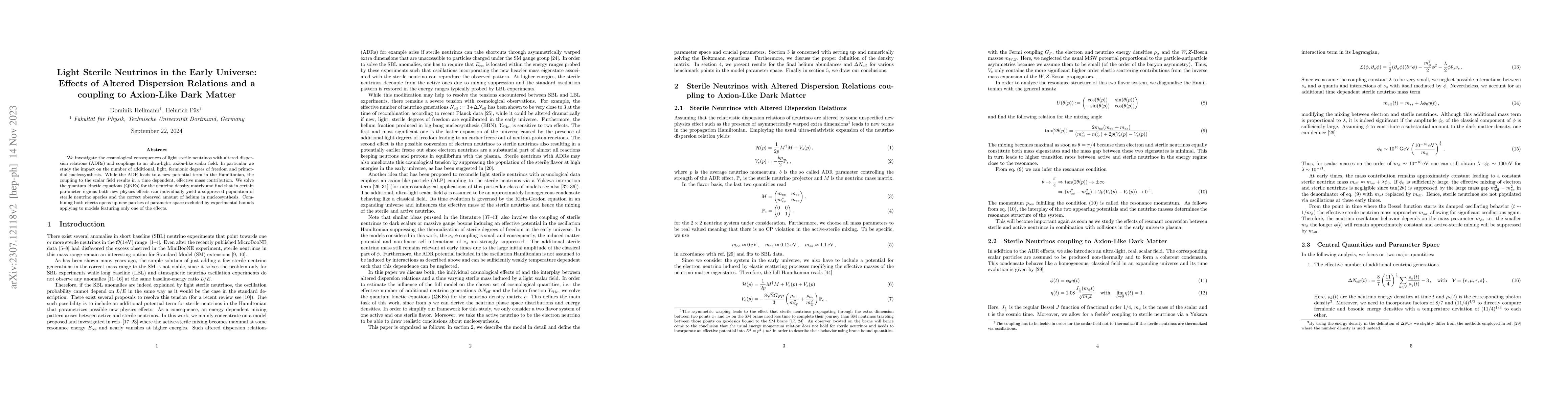 Thumbnail for Light Sterile Neutrinos in the Early Universe: Effects of Altered
  Dispersion Relations and a coupling to Axion-Like Dark Matter