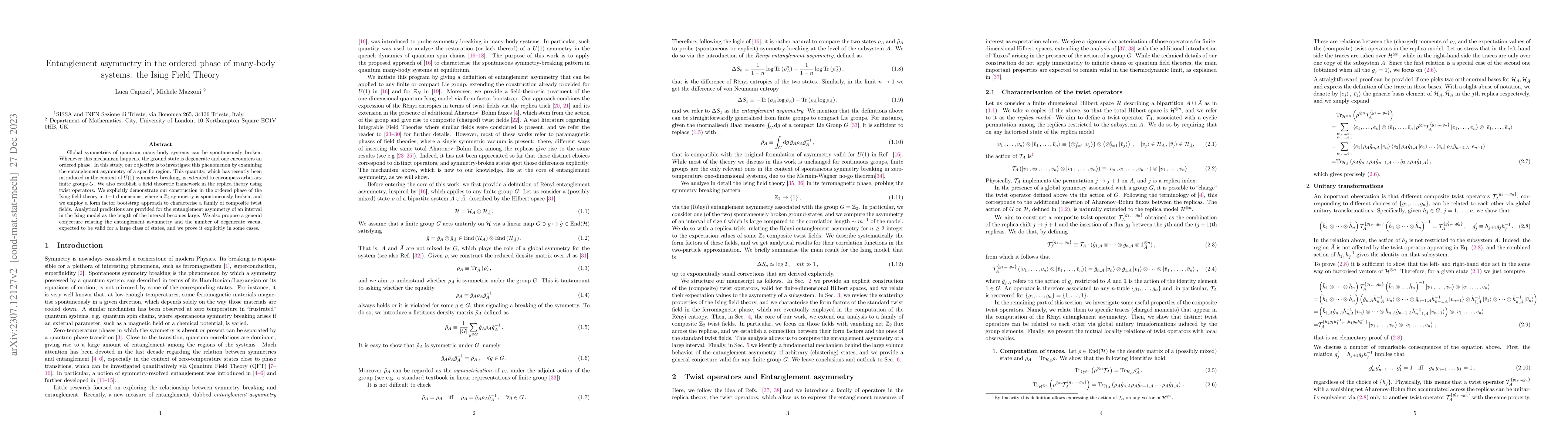 Thumbnail for Entanglement asymmetry in the ordered phase of many-body systems: the
  Ising Field Theory
