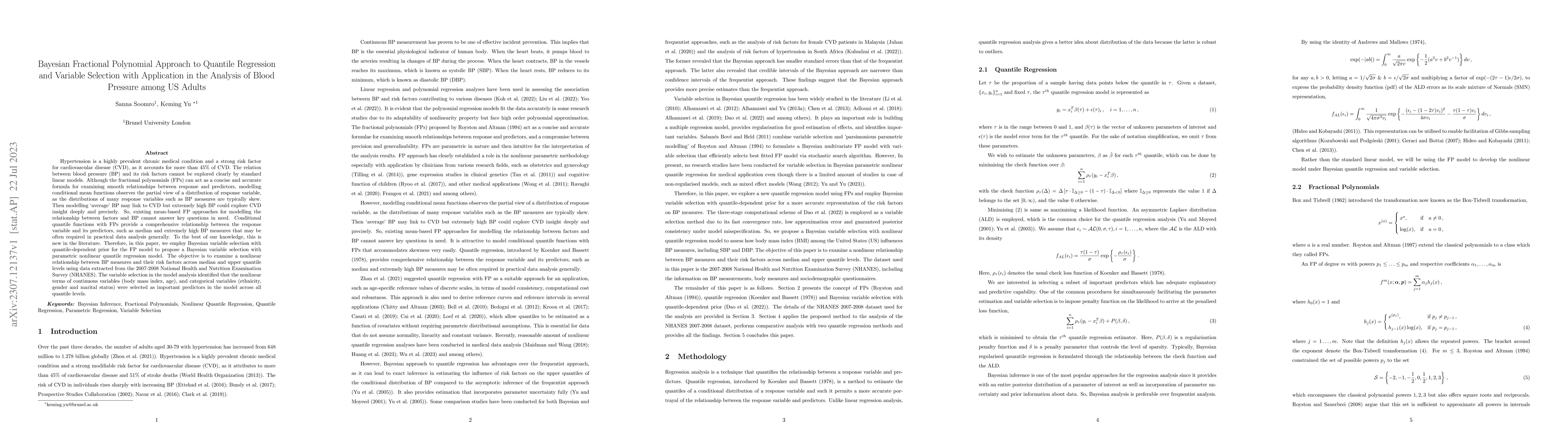 Thumbnail for Bayesian Fractional Polynomial Approach to Quantile Regression and
  Variable Selection with Application in the Analysis of Blood Pressure among
  US Adults