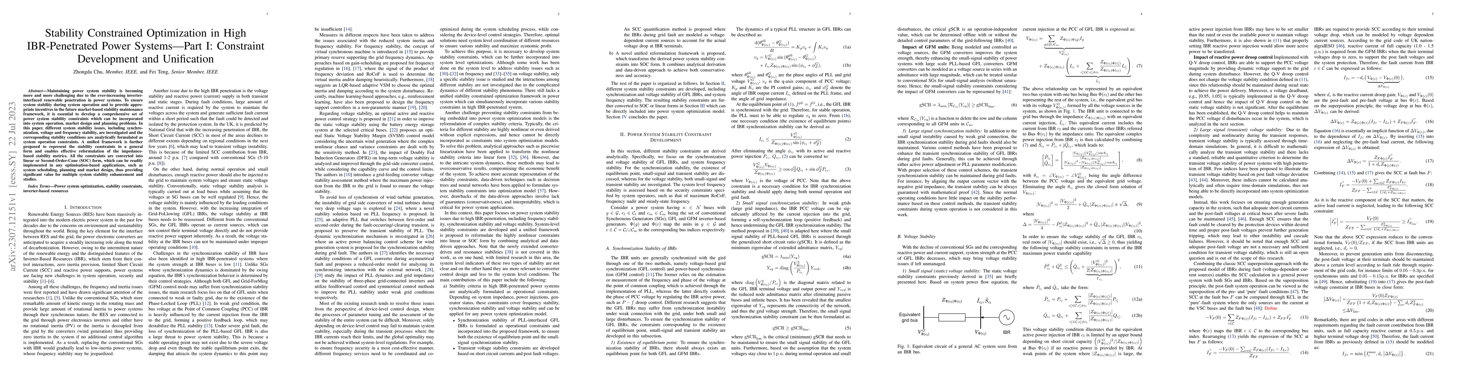 Thumbnail for Stability Constrained Optimization in High IBR-Penetrated Power
  Systems-Part I: Constraint Development and Unification