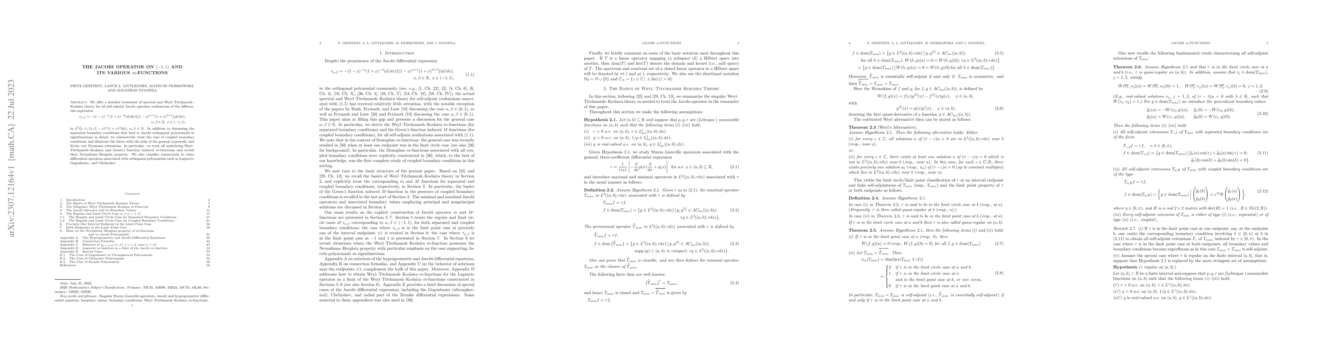 Thumbnail for The Jacobi operator on $(-1,1)$ and its various $m$-functions