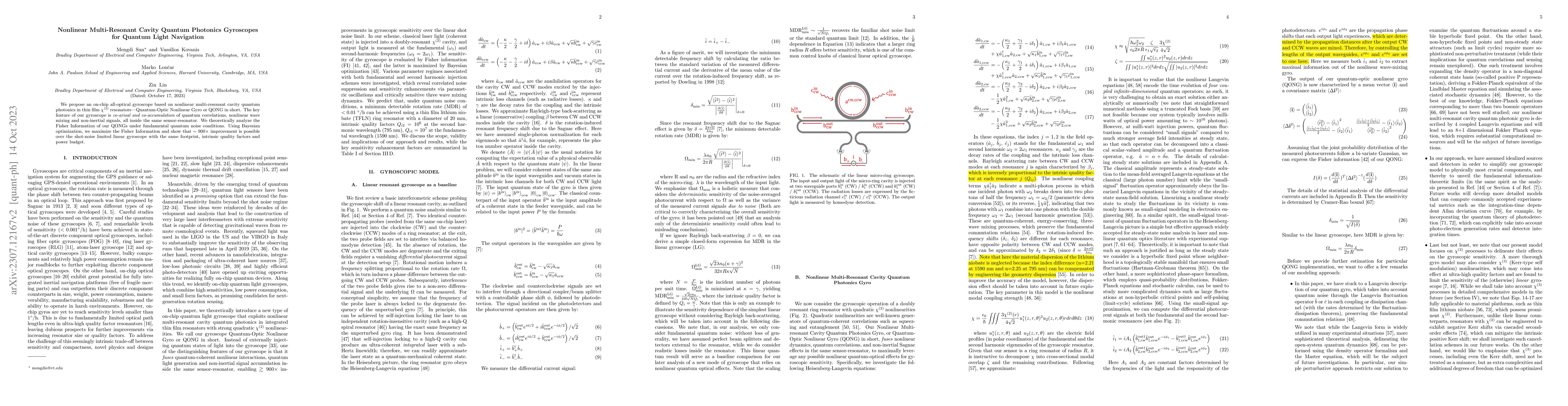 Thumbnail for Nonlinear Multi-Resonant Cavity Quantum Photonics Gyroscopes Quantum
  Light Navigation