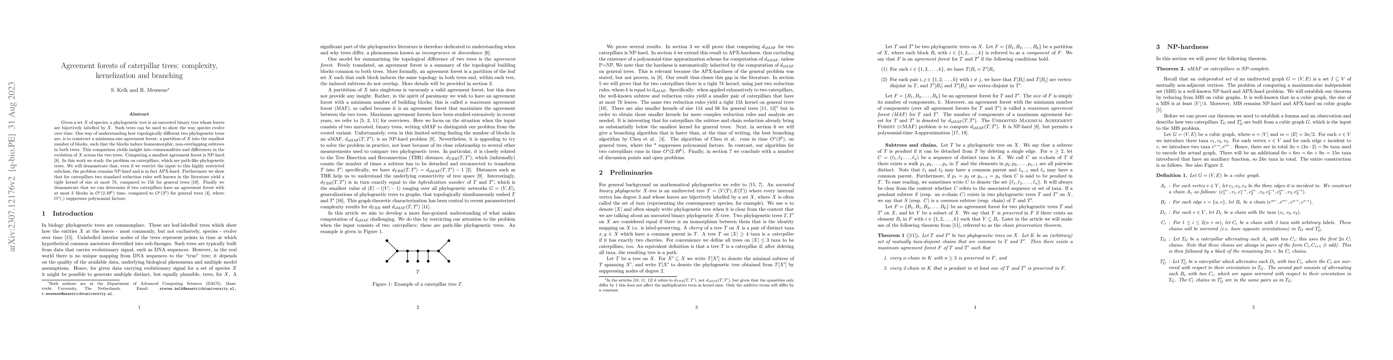 Thumbnail for Agreement forests of caterpillar trees: complexity, kernelization and
  branching