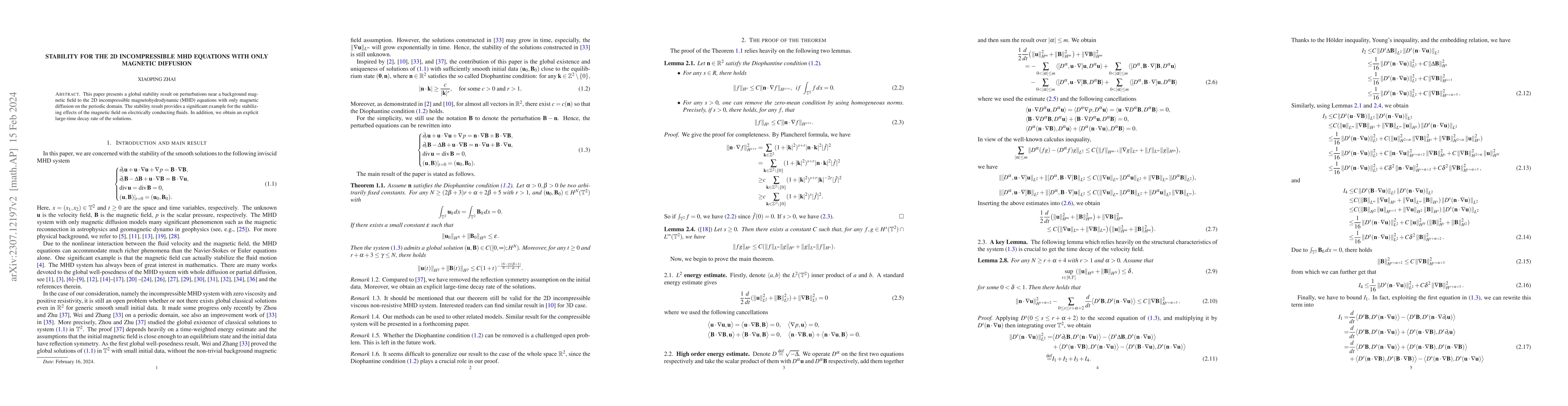Thumbnail for Stability for the 2D incompressible MHD equations with only magnetic
  diffusion