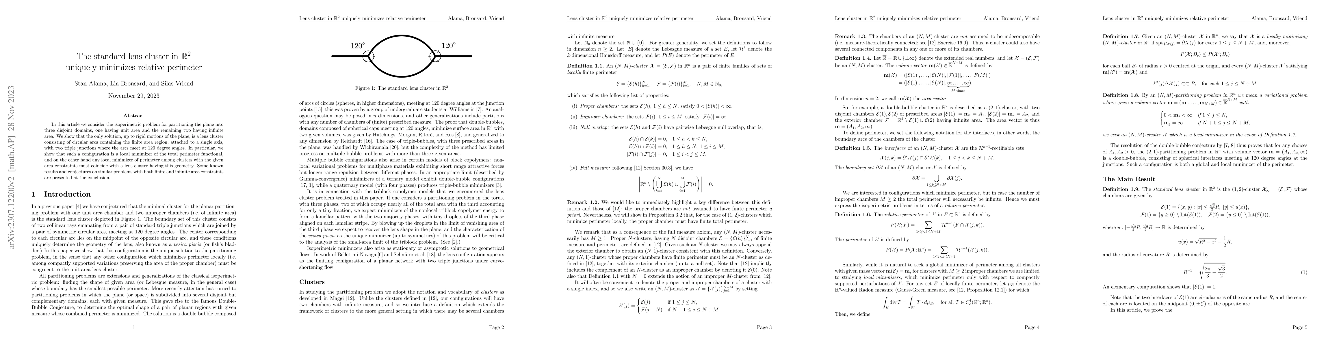 Thumbnail for The standard lens cluster in R^2 uniquely minimizes relative perimeter