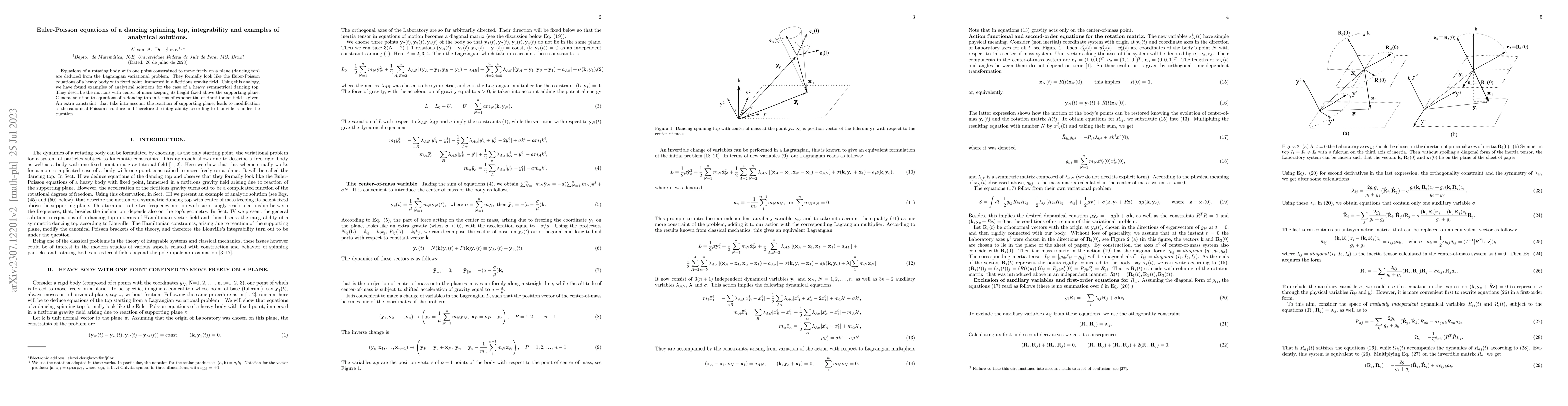 Thumbnail for Euler-Poisson equations of a dancing spinning top, integrability and
  examples of analytical solutions
