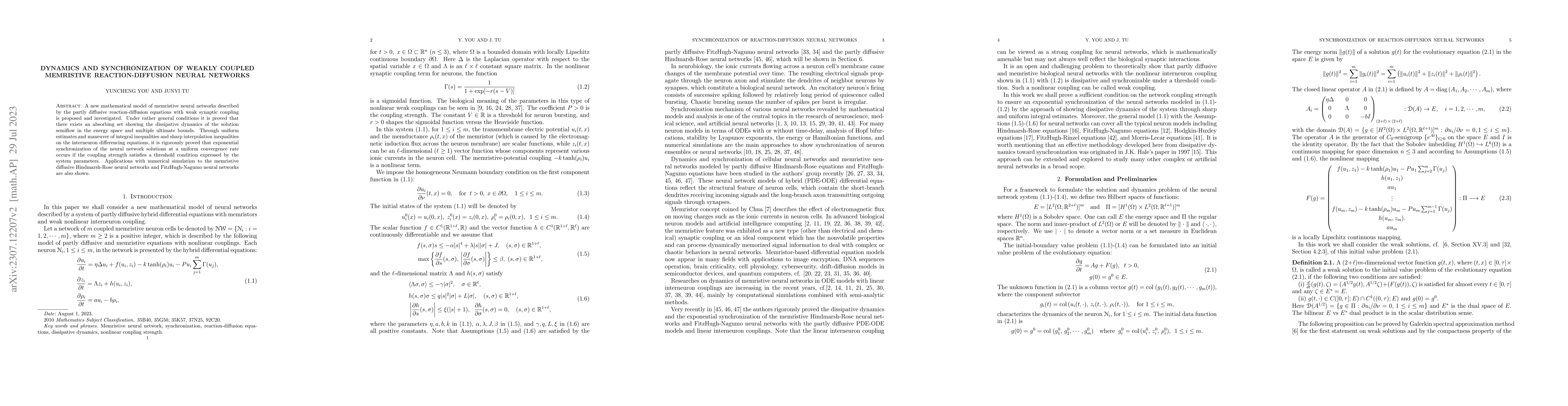 Thumbnail for Dynamics and Synchronization of Weakly Coupled Memristive
  Reaction-Diffusion Neural Networks