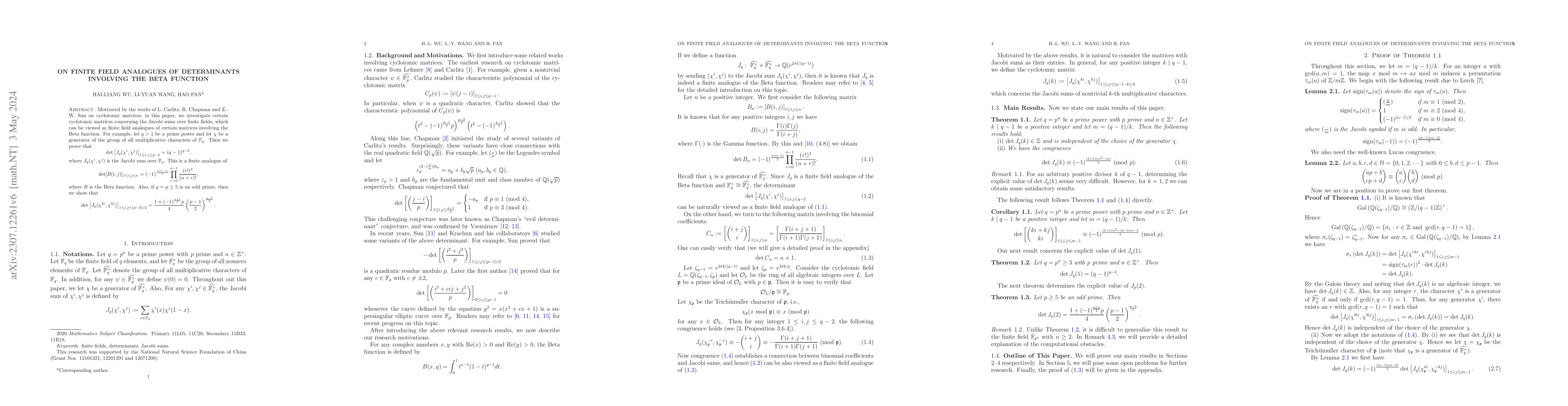 Thumbnail for On finite field analogues of determinants involving the Beta function