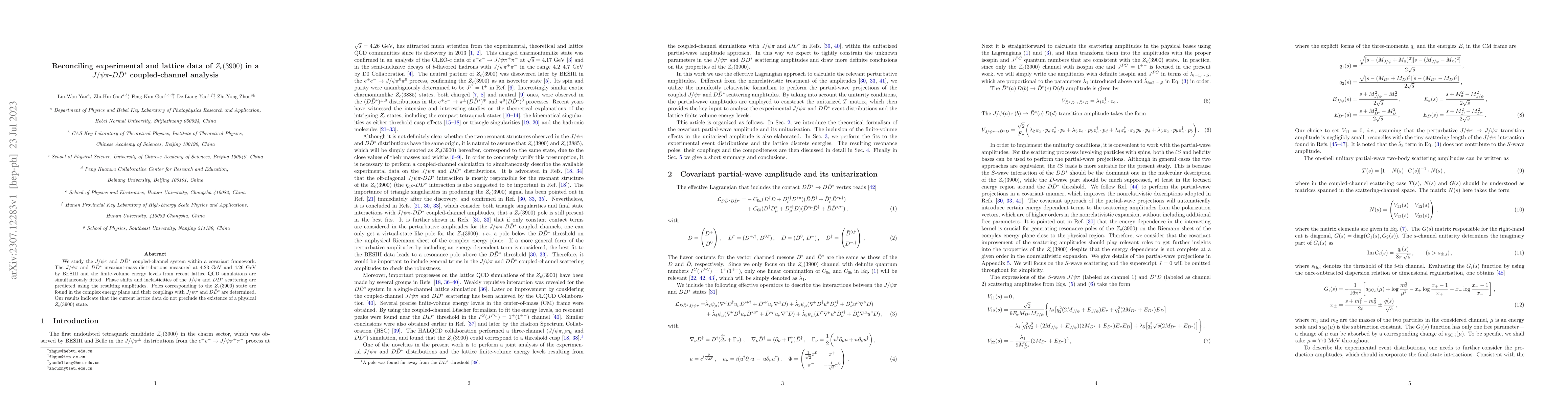 Thumbnail for Reconciling experimental and lattice data of $Z_c(3900)$ in a
  $J/\psi\pi$-$D\bar{D}^*$ coupled-channel analysis