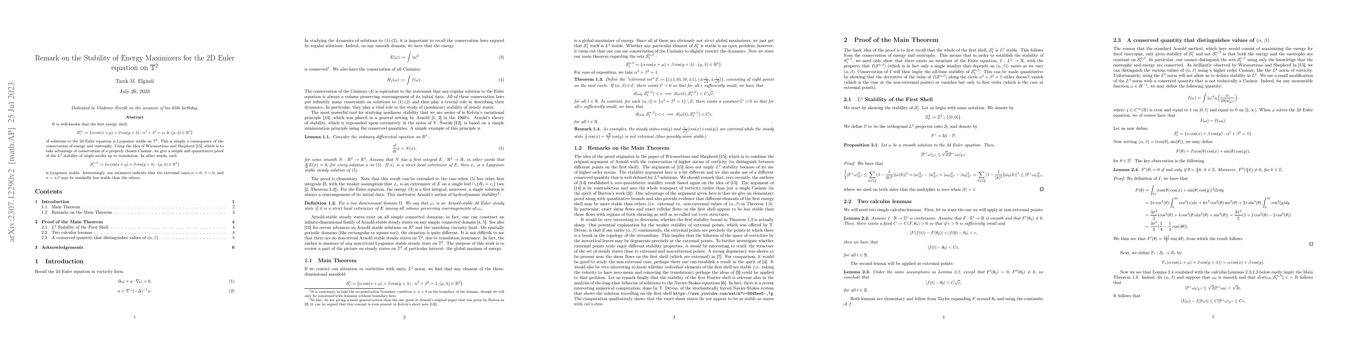 Thumbnail for Remark on the Stability of Energy Maximizers for the 2D Euler equation
  on $\mathbb{T}^2$