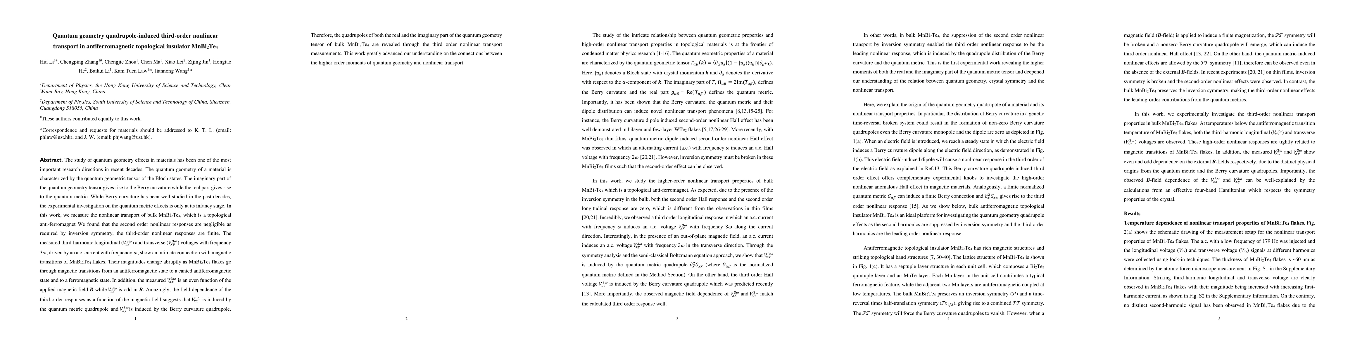 Thumbnail for Quantum geometry quadrupole-induced third-order nonlinear transport in
  antiferromagnetic topological insulator MnBi2Te4
