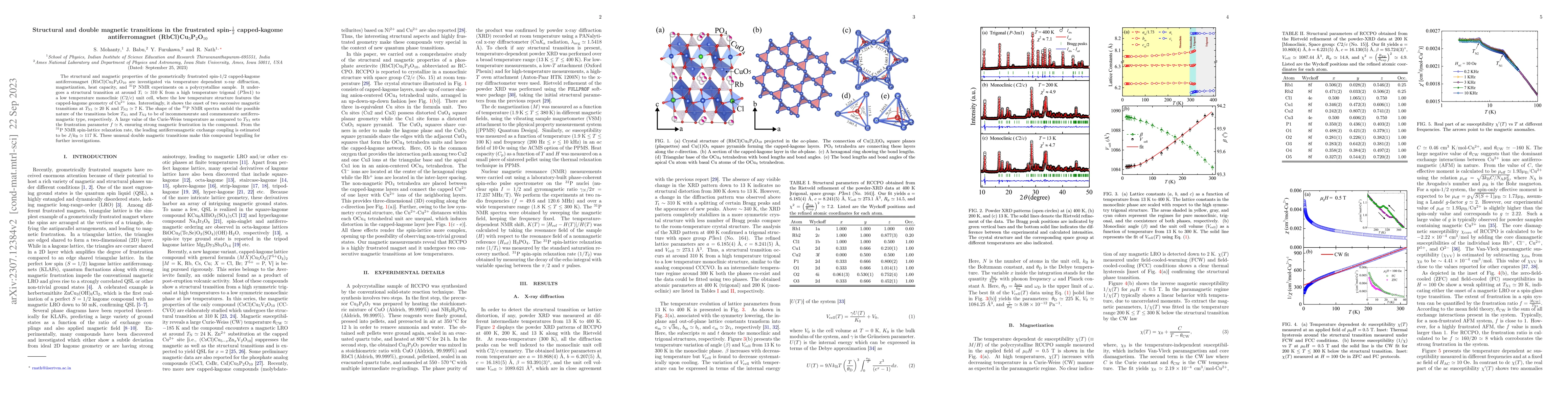 Thumbnail for Structural and double magnetic transitions in the frustrated
  spin-$\frac{1}{2}$ capped-kagome antiferromagnet
  (RbCl)Cu$_{5}$P$_{2}$O$_{10}$