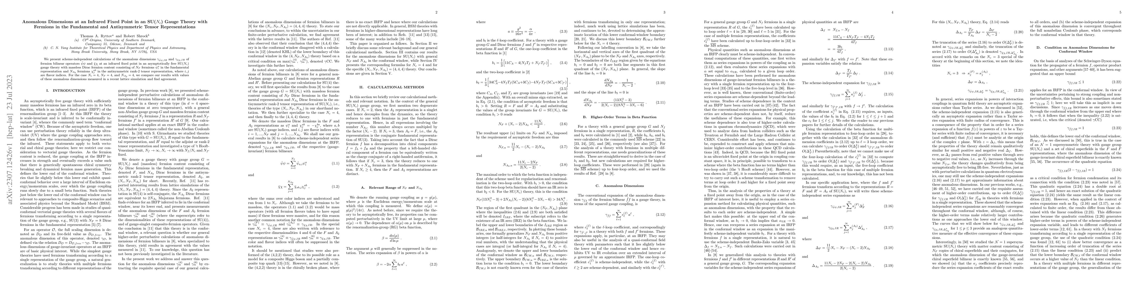 Thumbnail for Anomalous Dimensions at an Infrared Fixed Point in an SU($N_c$) Gauge
  Theory with Fermions in the Fundamental and Antisymmetric Tensor
  Representations