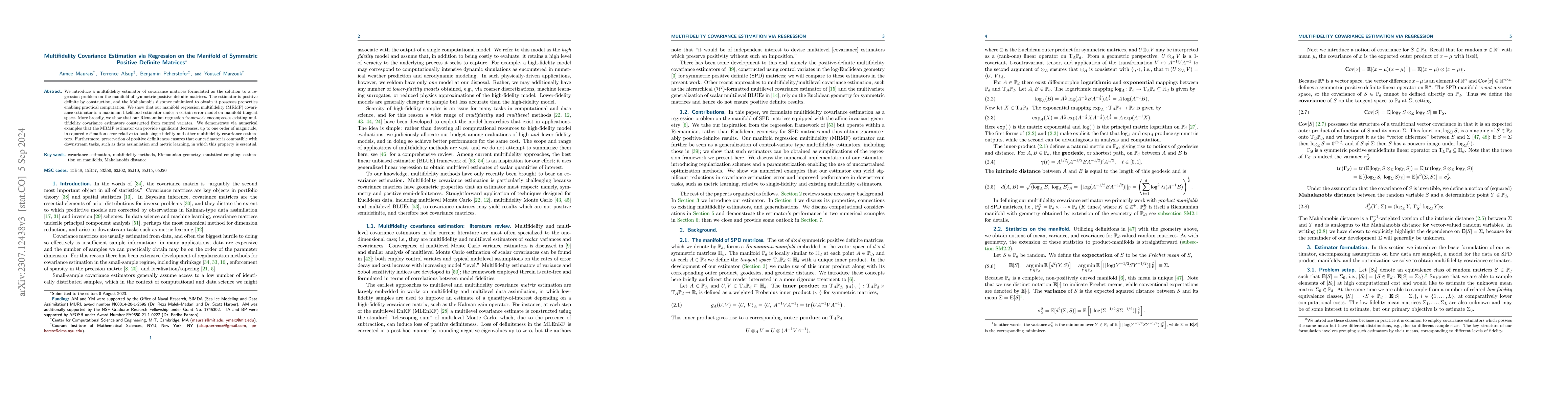 Thumbnail for Multifidelity Covariance Estimation via Regression on the Manifold of
  Symmetric Positive Definite Matrices