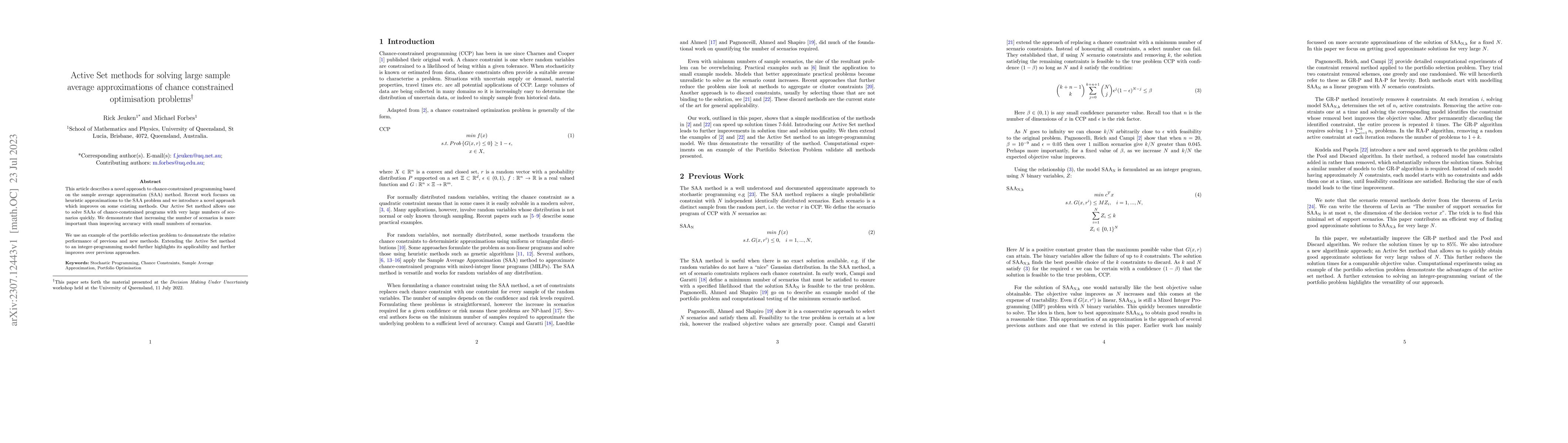 Thumbnail for Active Set methods for solving large sample average approximations of
  chance constrained optimisation problems
