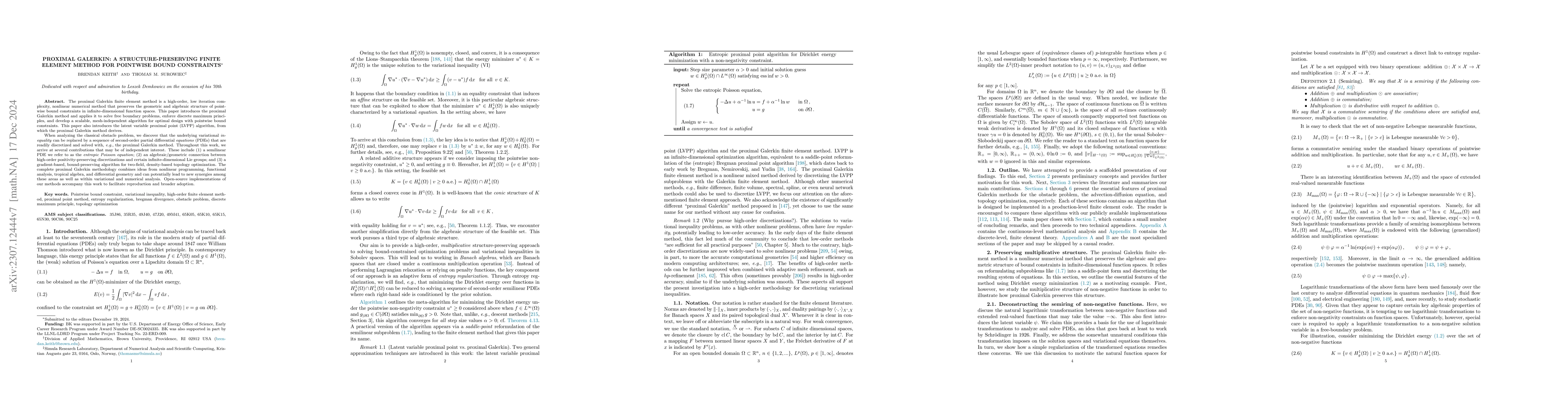 Thumbnail for Proximal Galerkin: A structure-preserving finite element method for
  pointwise bound constraints