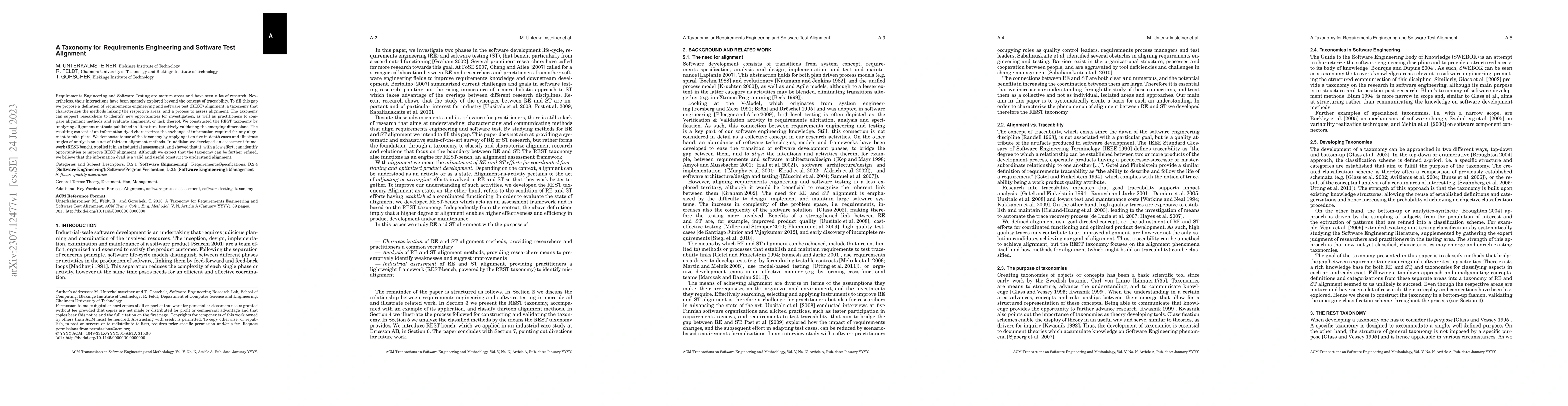 Thumbnail for A Taxonomy for Requirements Engineering and Software Test Alignment