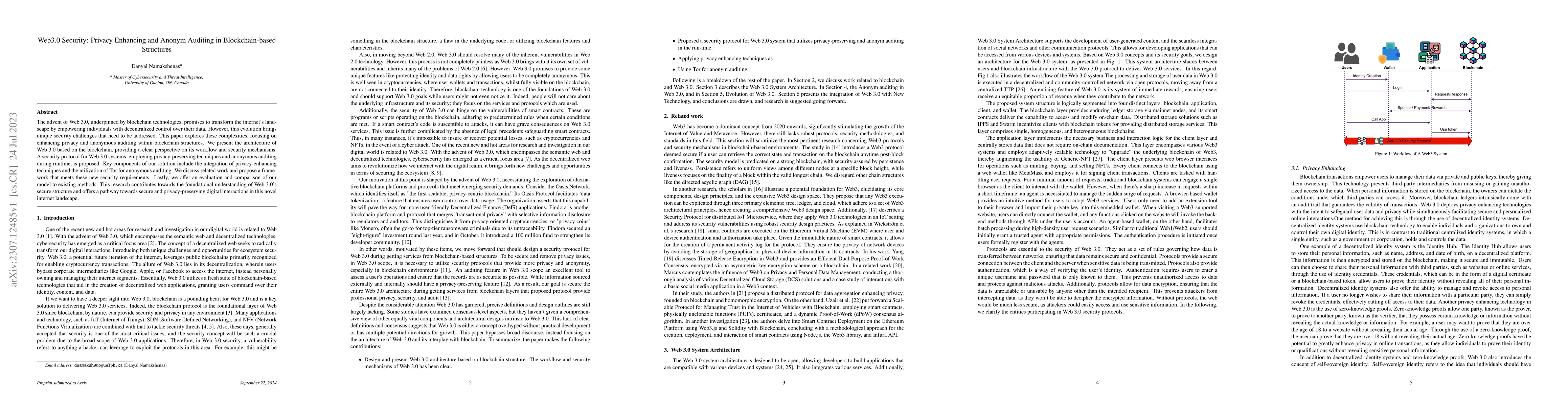 Thumbnail for Web3.0 Security: Privacy Enhancing and Anonym Auditing in
  Blockchain-based Structures