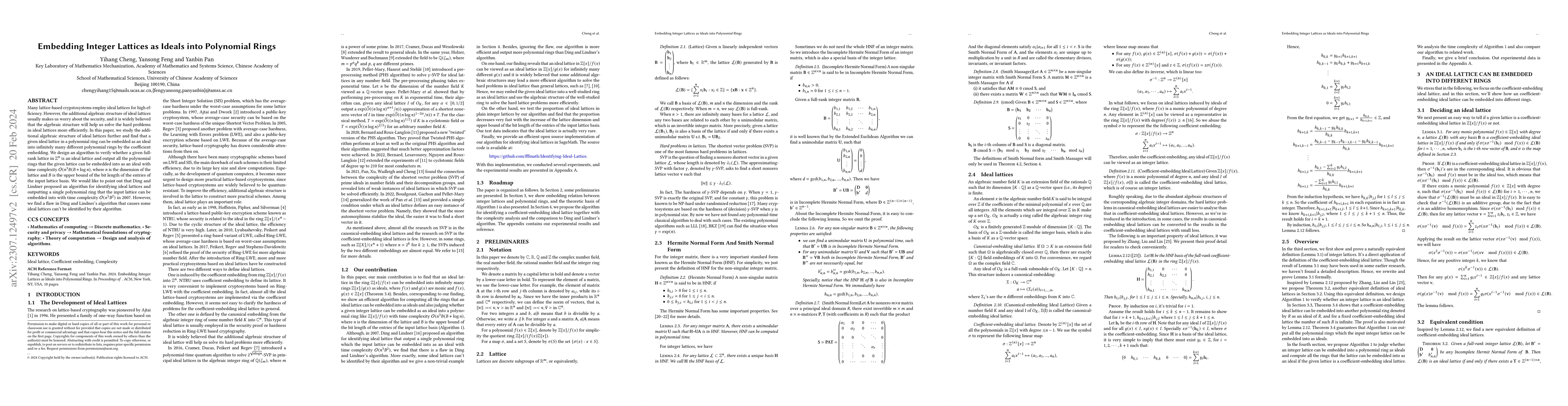 Thumbnail for Embedding Integer Lattices as Ideals into Polynomial Rings