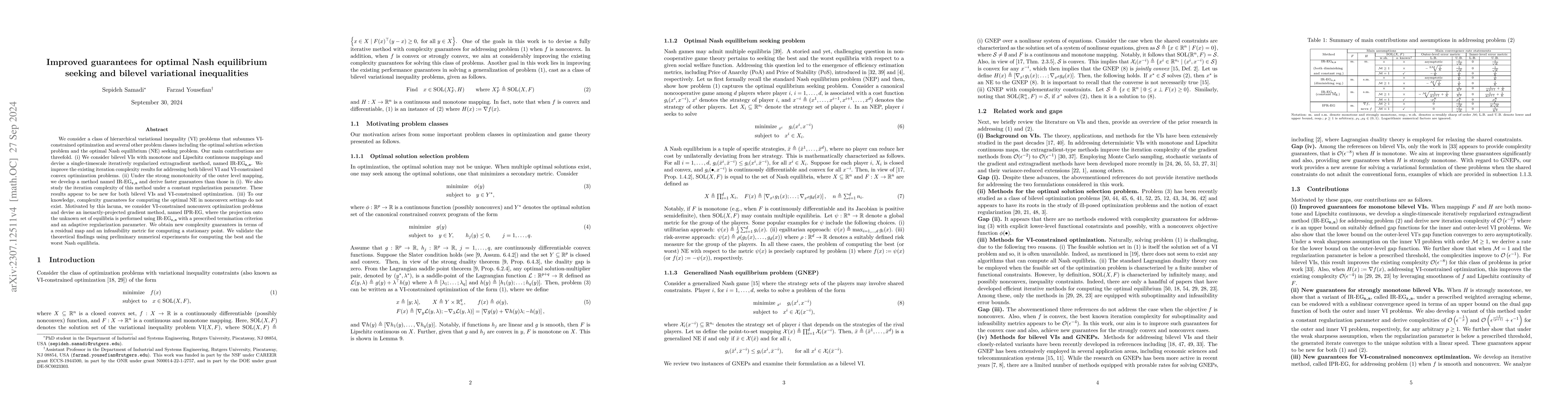 Thumbnail for Improved guarantees for optimal Nash equilibrium seeking and bilevel
  variational inequalities