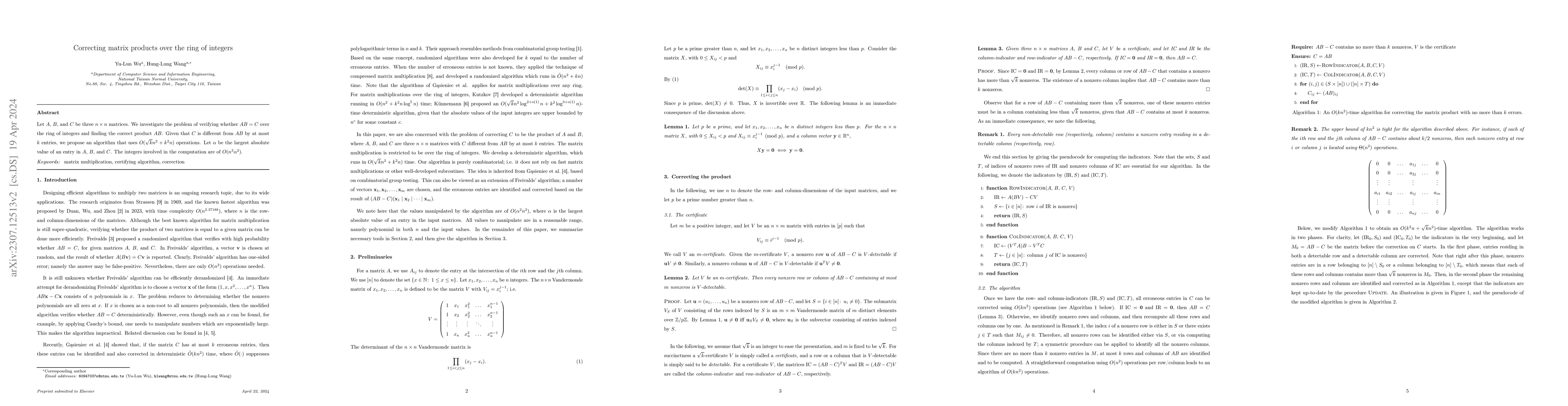 Thumbnail for Correcting matrix products over the ring of integers