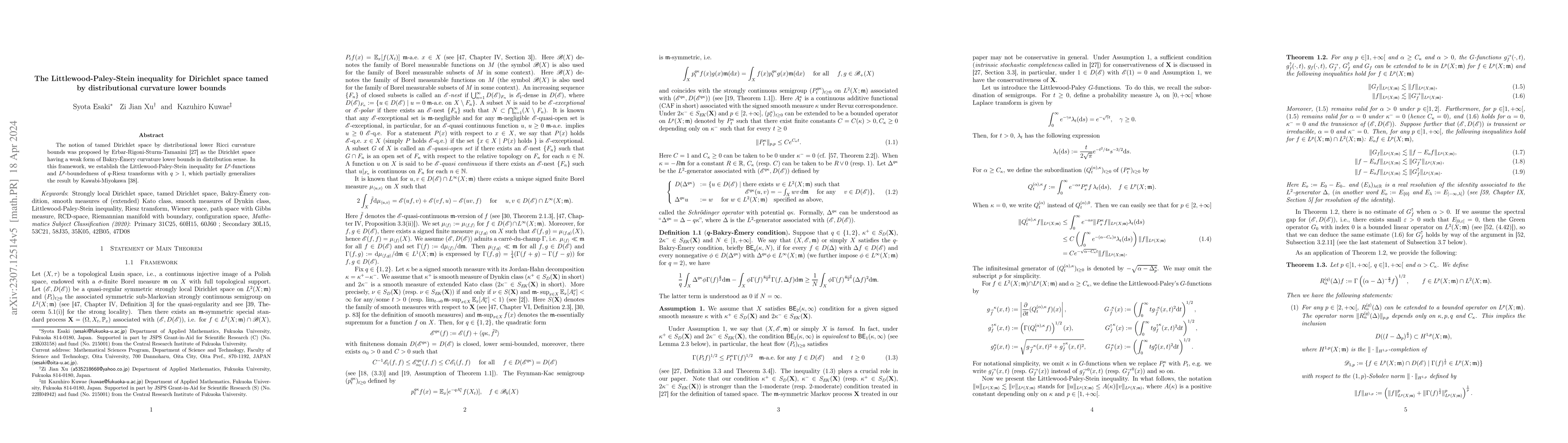 Thumbnail for The Littlewood-Paley-Stein inequality for Dirichlet space tamed by
  distributional curvature lower bounds