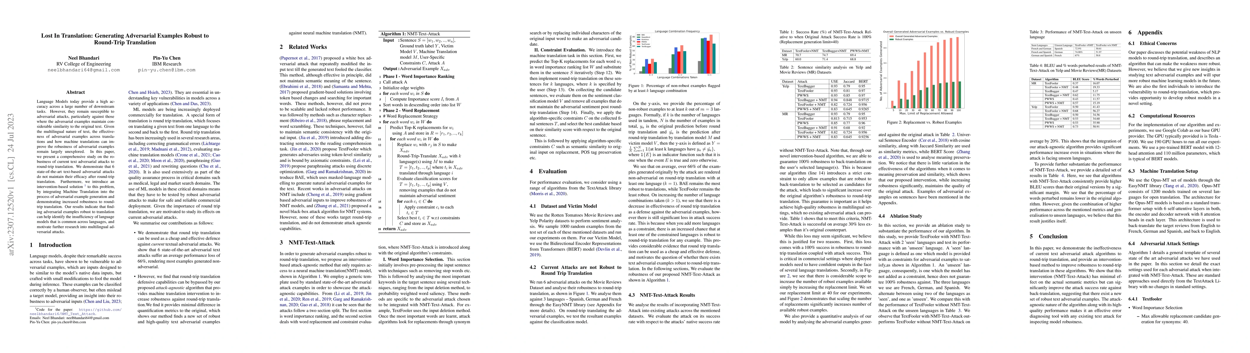 Thumbnail for Lost In Translation: Generating Adversarial Examples Robust to
  Round-Trip Translation