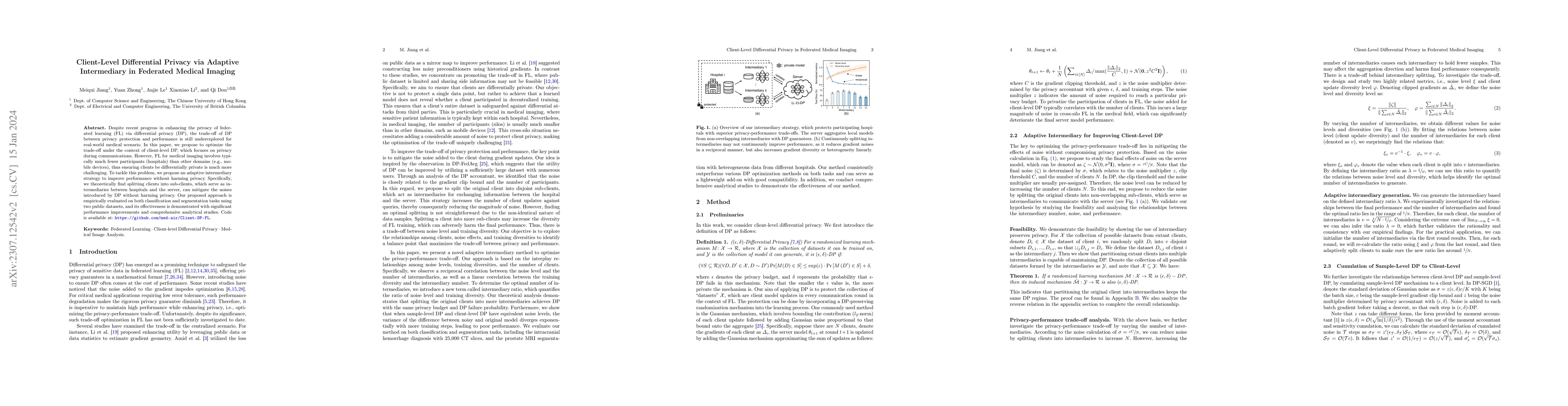 Thumbnail for Client-Level Differential Privacy via Adaptive Intermediary in Federated
  Medical Imaging