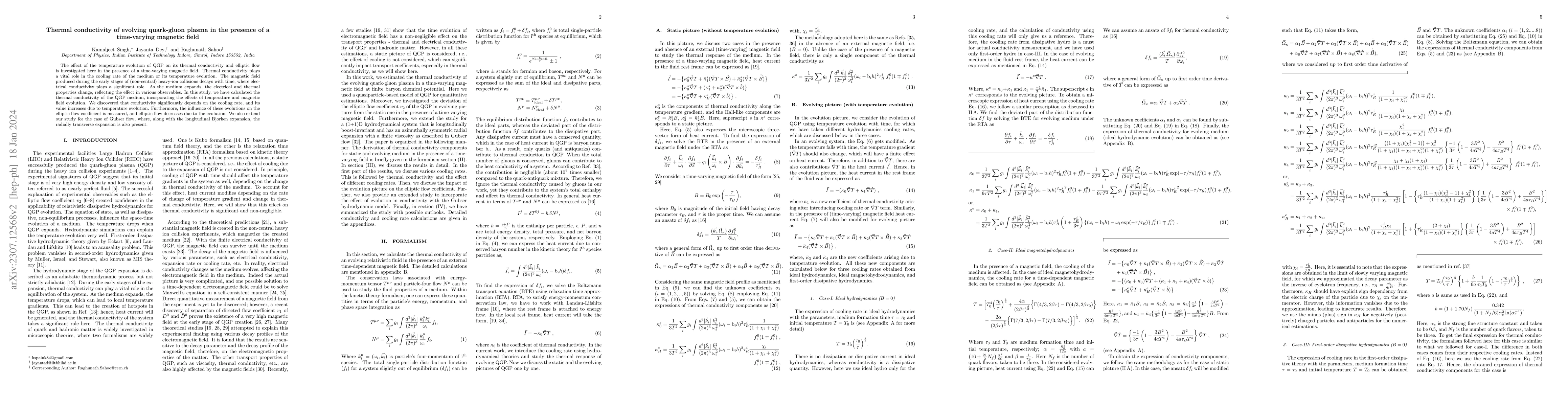 Thumbnail for Thermal conductivity of evolving quark-gluon plasma in the presence of a
  time-varying magnetic field