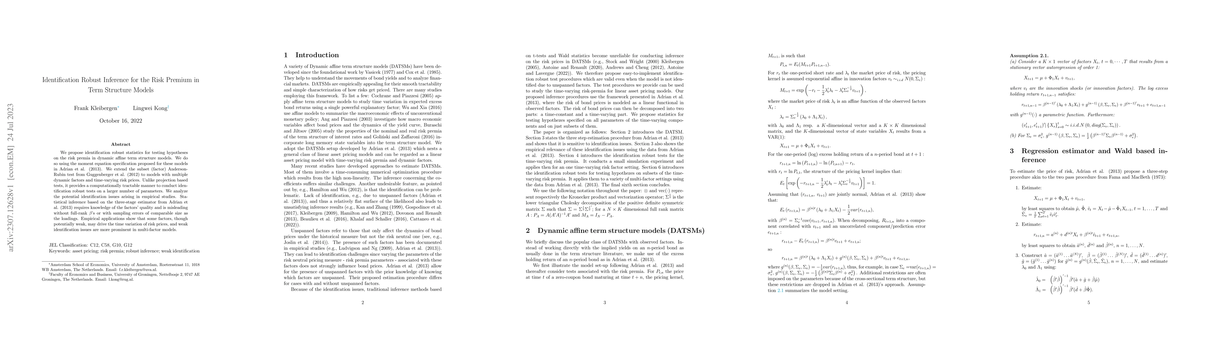 Thumbnail for Identification Robust Inference for the Risk Premium in Term Structure
  Models