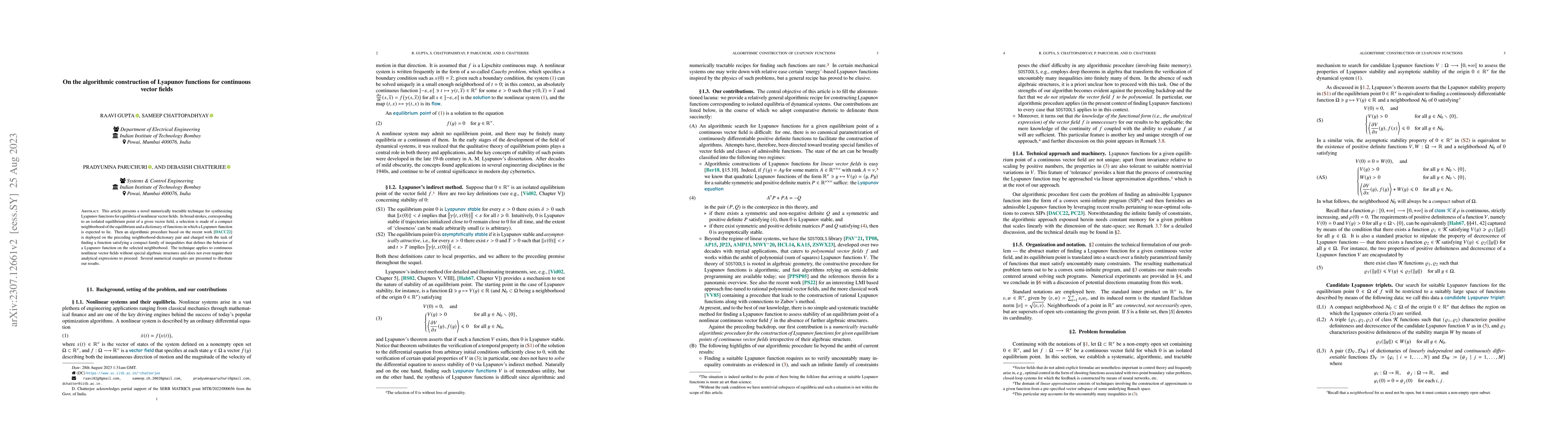 Thumbnail for Algorithmic construction of Lyapunov functions for continuous vector
  fields via convex semi-infinite programs