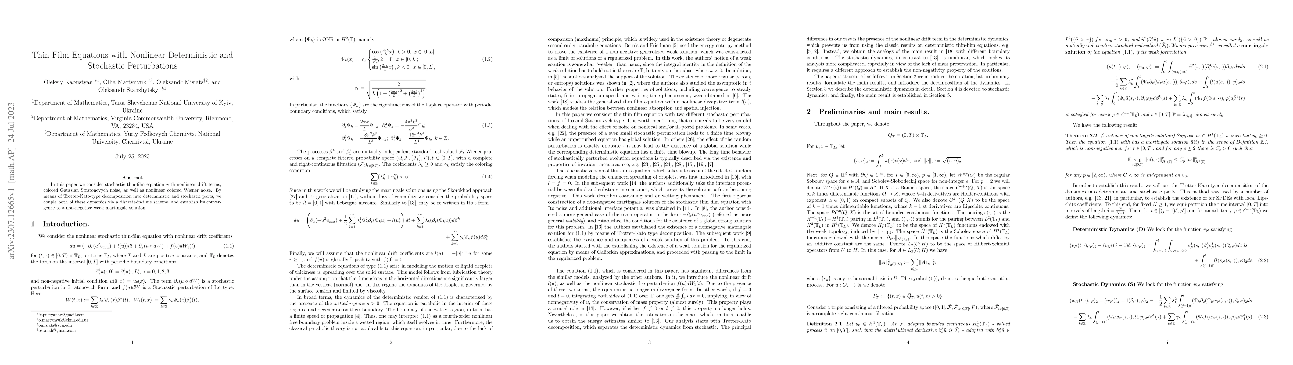 Thumbnail for Thin Film Equations with Nonlinear Deterministic and Stochastic
  Perturbations