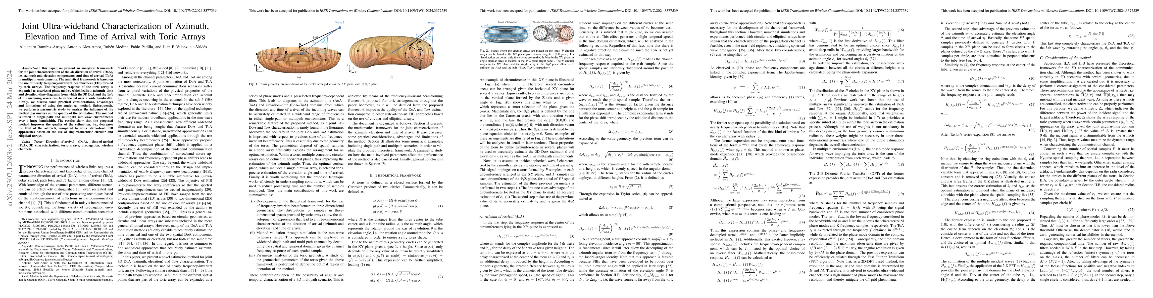 Thumbnail for Joint Ultra-wideband Characterization of Azimuth, Elevation and Time of
  Arrival with Toric Arrays