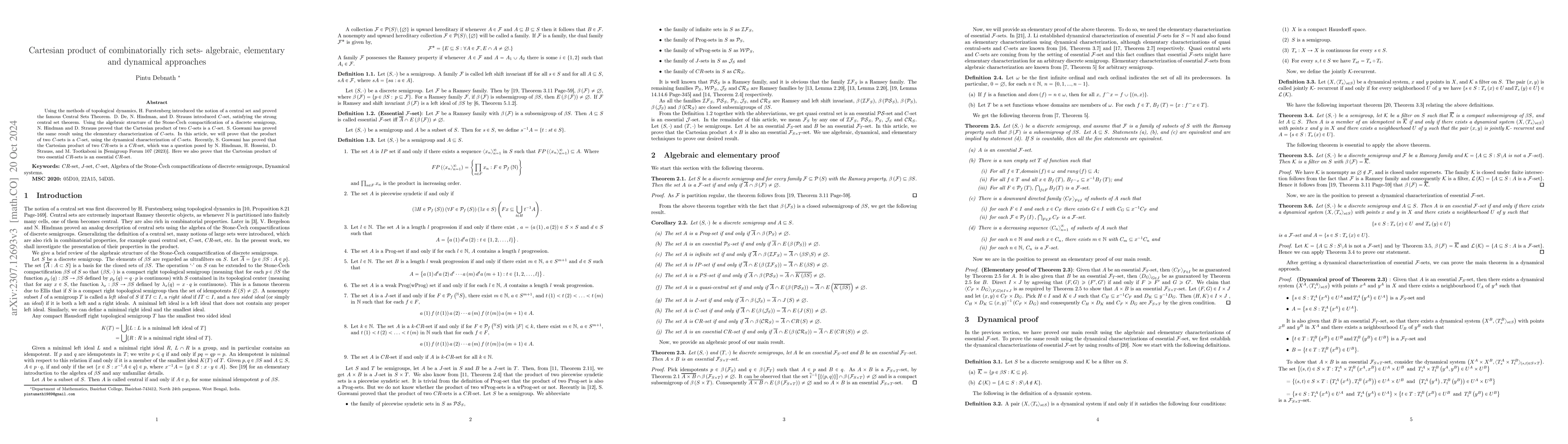 Thumbnail for Cartesian product of combinatorially rich sets -- algebraic, elementary
  and dynamical approaches