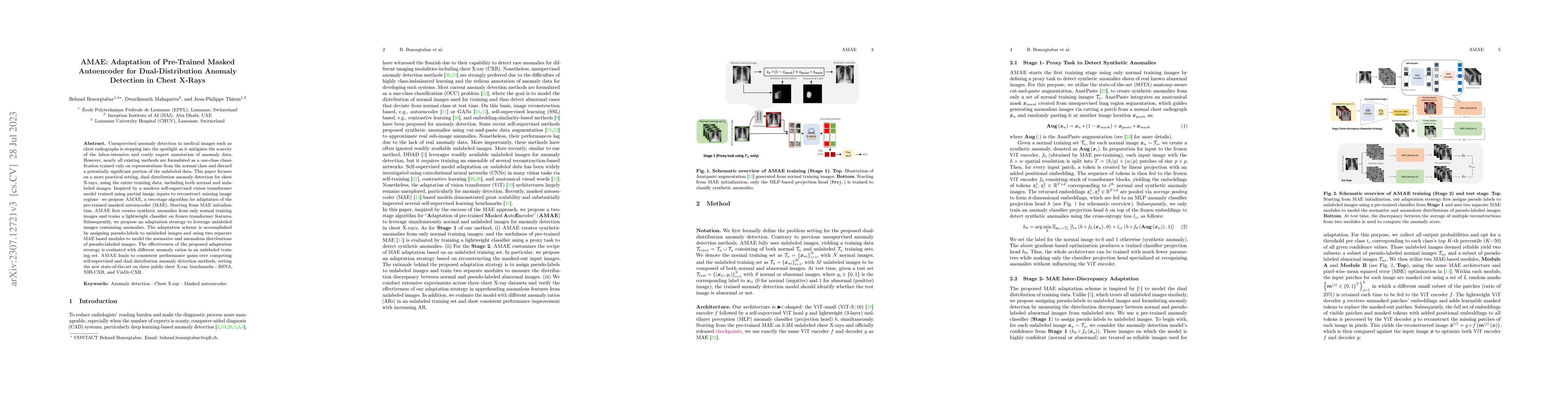 Thumbnail for AMAE: Adaptation of Pre-Trained Masked Autoencoder for Dual-Distribution
  Anomaly Detection in Chest X-Rays
