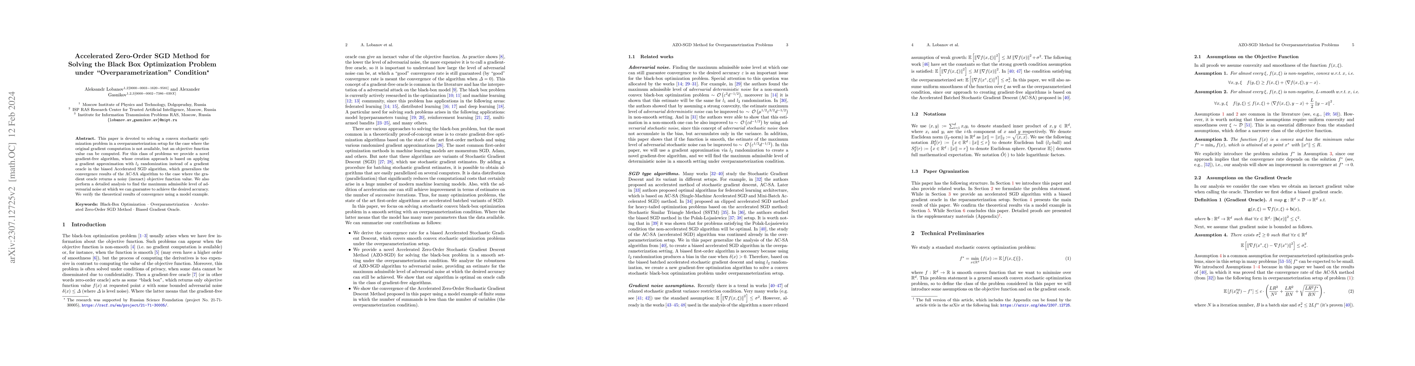 Thumbnail for Accelerated Zero-Order SGD Method for Solving the Black Box Optimization
  Problem under "Overparametrization" Condition