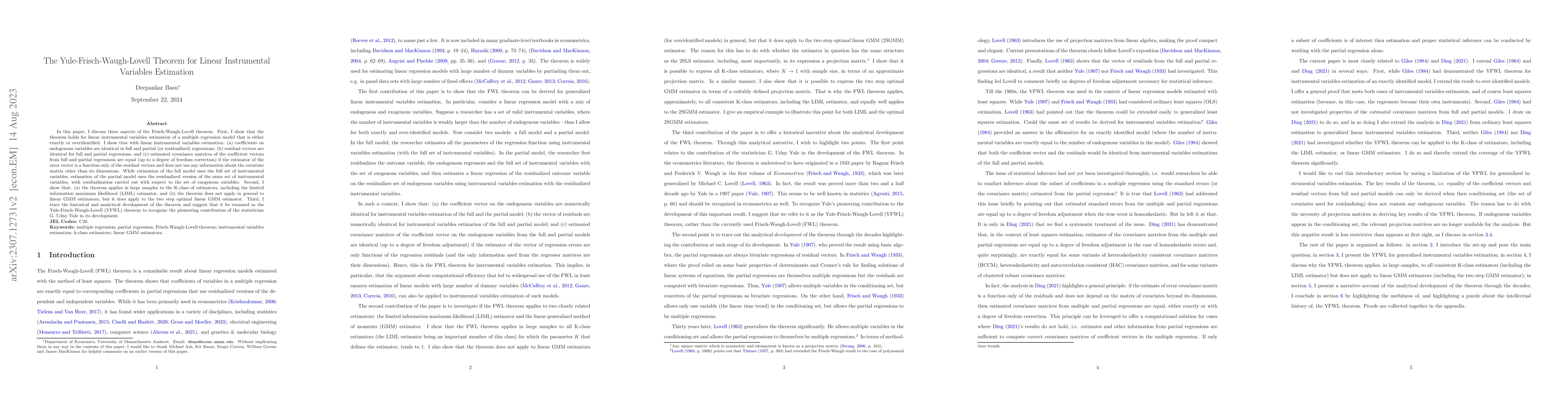 Thumbnail for The Yule-Frisch-Waugh-Lovell Theorem for Linear Instrumental Variables
  Estimation