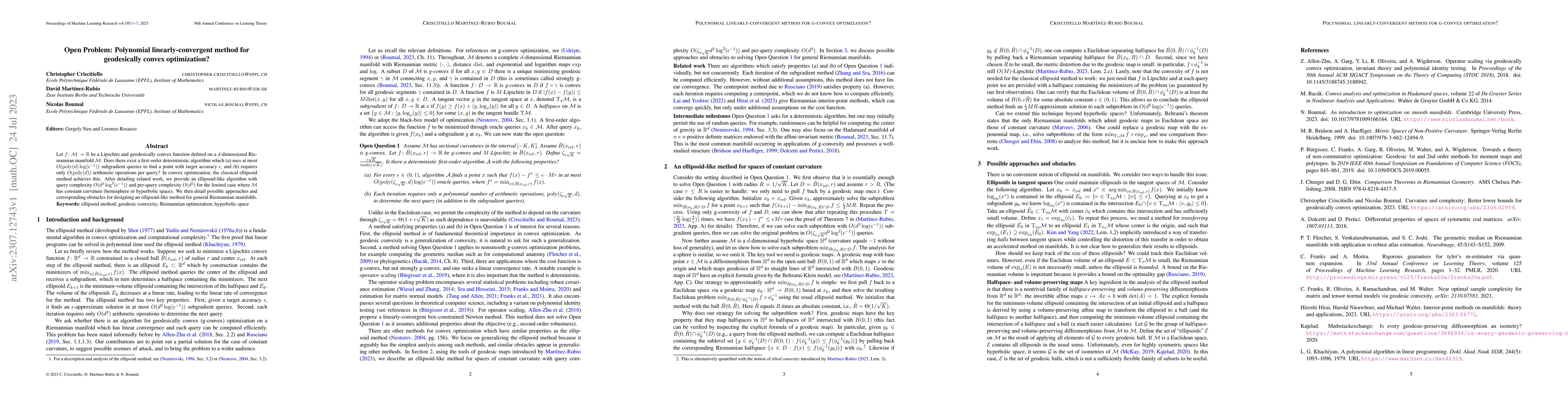 Thumbnail for Open Problem: Polynomial linearly-convergent method for geodesically
  convex optimization?