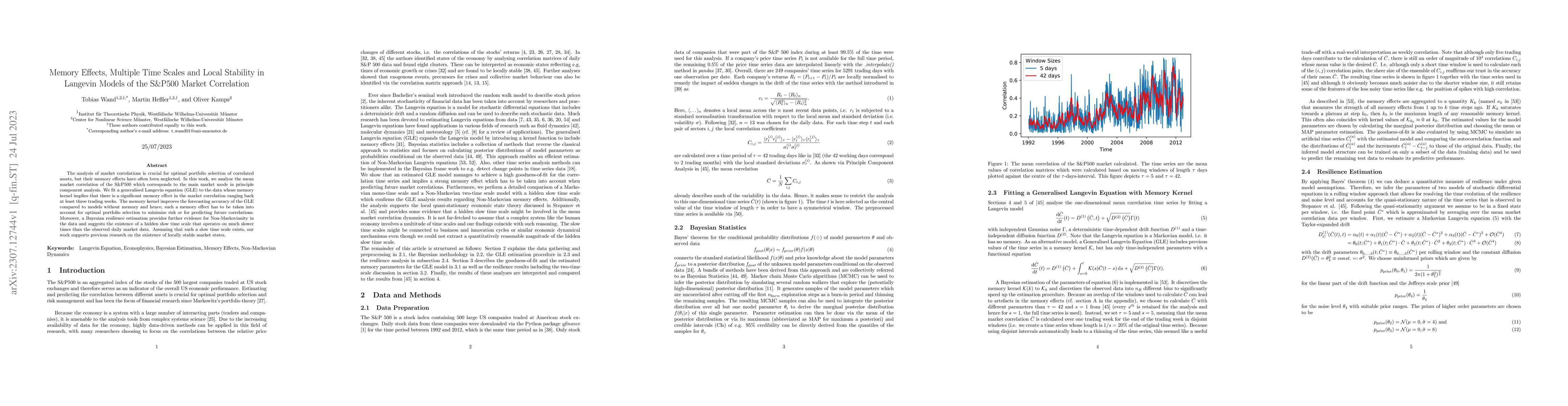 Thumbnail for Memory Effects, Multiple Time Scales and Local Stability in Langevin
  Models of the S&P500 Market Correlation